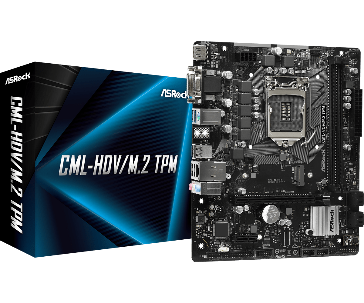 Материнская плата ASRock CML-HDV/M.2 TPM, Socket1200, Intel H310, 2xDDR4, PCI-Ex16, 4SATA3, 7.1-ch, GLAN, 4 USB 3.2, VGA, DVI, HDMI, mATX, Retail