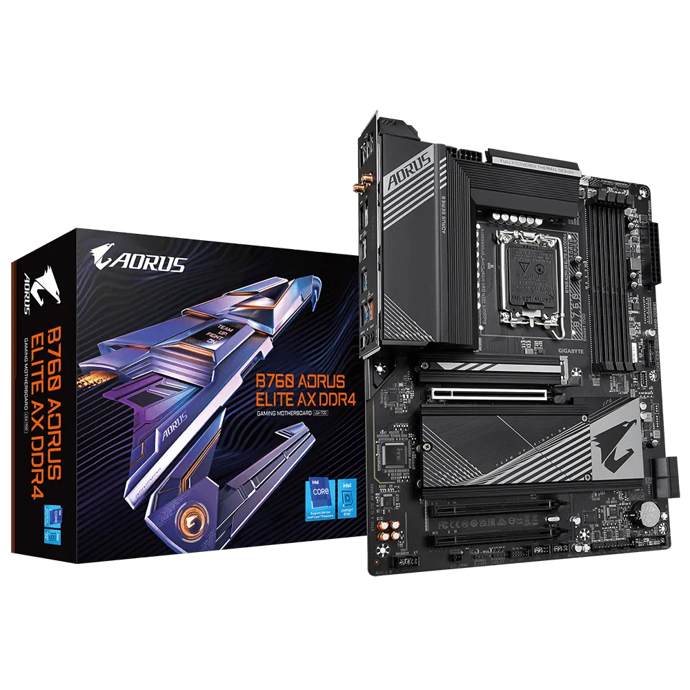 

Материнская плата GIGABYTE B760 AORUS ELITE AX DDR4, Socket1700, Intel B760, 4xDDR4, 3PCI-Ex16, 4SATA3, 7.1-ch, 2.5GLAN, 7 USB 3.2, 2 USB Type-C, HDMI, DP, ATX, Retail, B760 AORUS ELITE AX DDR4