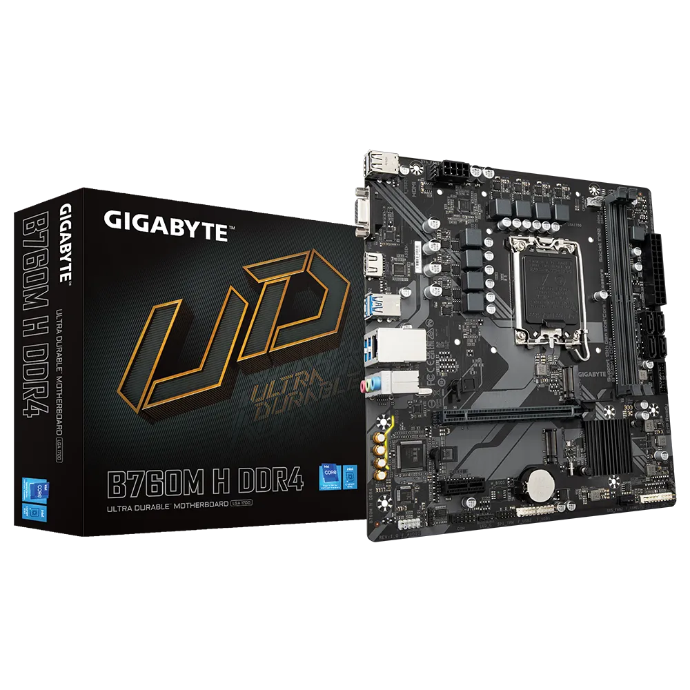 Материнская плата GIGABYTE B760M H DDR4, Socket1700, Intel B760, 2xDDR4, PCI-Ex16, 4SATA3, 7.1-ch, GLAN, 6 USB 3.2, VGA, HDMI, mATX, Retail - фото 1