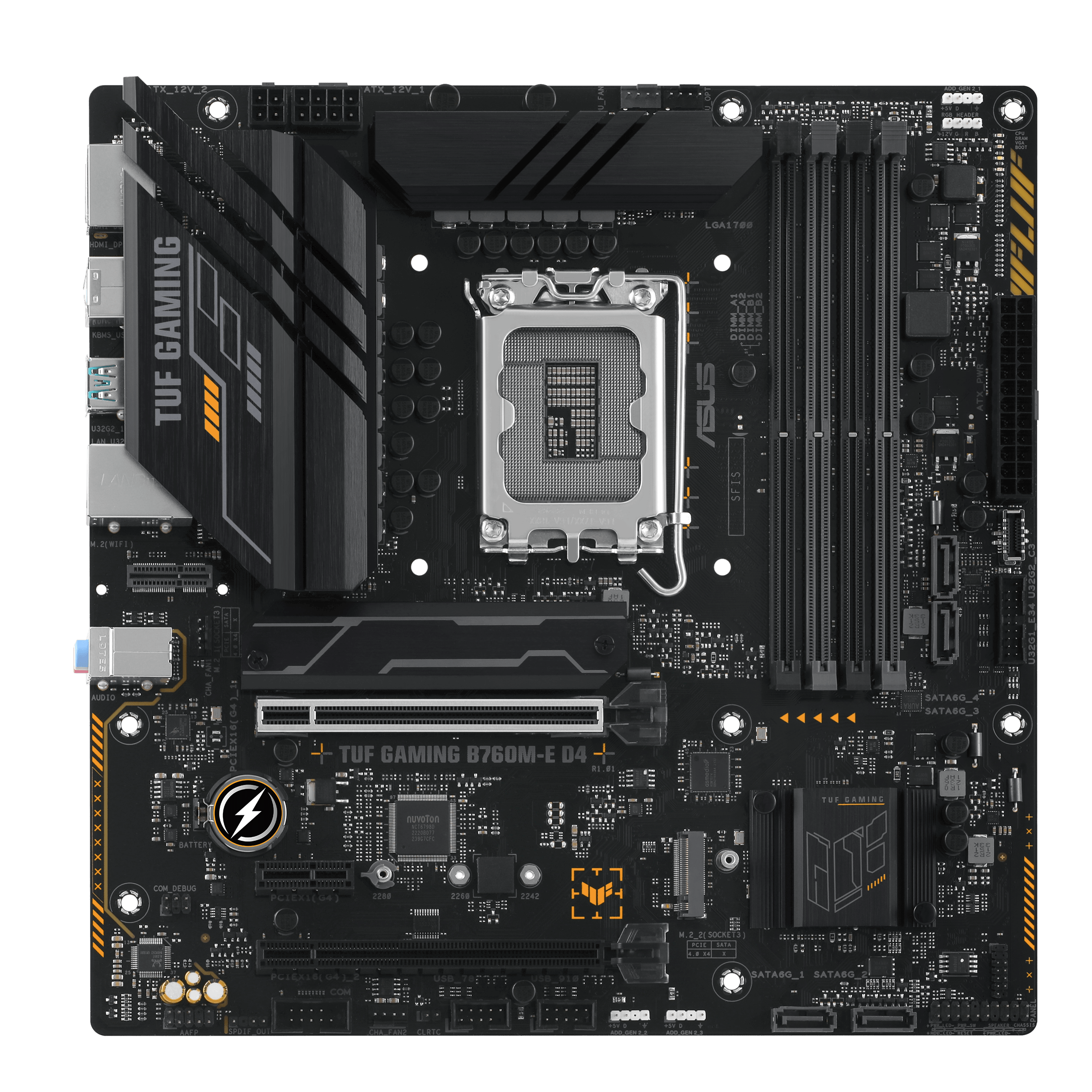 

Материнская плата ASUS TUF GAMING B760M-E D4, Socket1700, Intel B760, 4xDDR4, 2PCI-Ex16, 4SATA3, 7.1-ch, 2.5GLAN, 6 USB 3.2, 1 USB Type-C, HDMI, DP, mATX, Retail, TUF GAMING B760M-E D4
