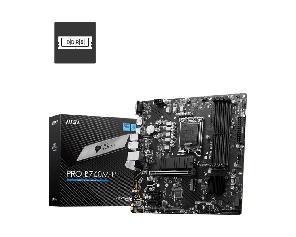 

Материнская плата MSI PRO B760M-P, Socket1700, Intel B760, 4xDDR5 DIMM, PCI-Ex16, 4SATA3, 7.1-ch, GLAN, 3 USB 3.2, 1 USB Type-C, VGA, HDMI, DP, mATX, Retail, PRO B760M-P