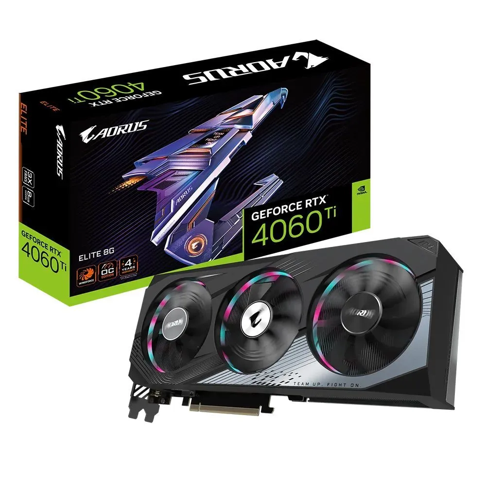 

Видеокарта GIGABYTE NVIDIA GeForce RTX 4060Ti AORUS ELITE, 8Gb GDDR6, 128 бит, PCI-E, HDMI, 3DP, Retail (GV-N406TAORUS E-8GD), AORUS ELITE