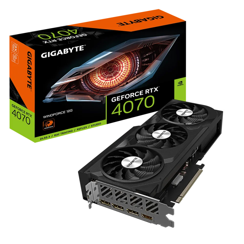 

Видеокарта GIGABYTE NVIDIA GeForce RTX 4070 WINDFORCE , 12Gb DDR6X, 192 бит, PCI-E, HDMI, 3DP, Retail (GV-N4070WF3-12GD), WindForce