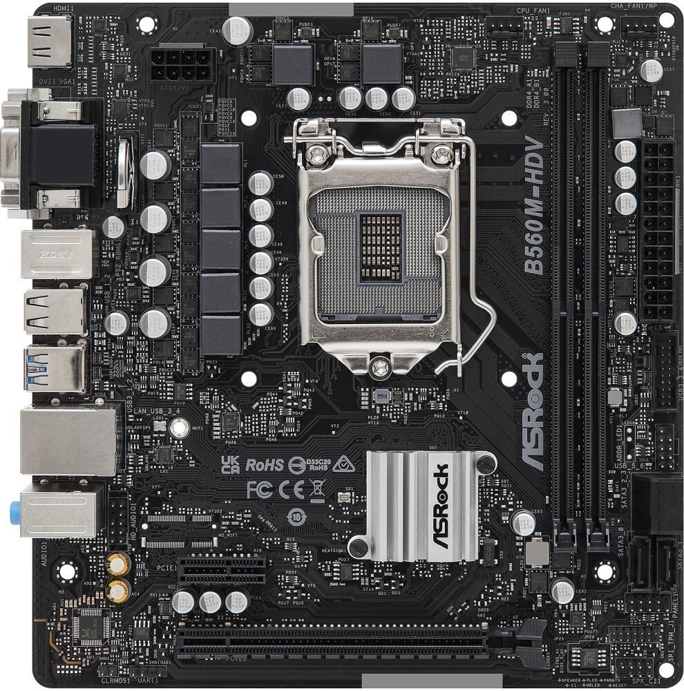 Материнская плата ASRock B560M-HDV R3.0, Socket1200, Intel B560, 2xDDR4, 2PCI-Ex16, 4SATA3, 7.1-ch, GLAN, 4 USB 3.2, VGA, DVI, HDMI, mATX, Retail