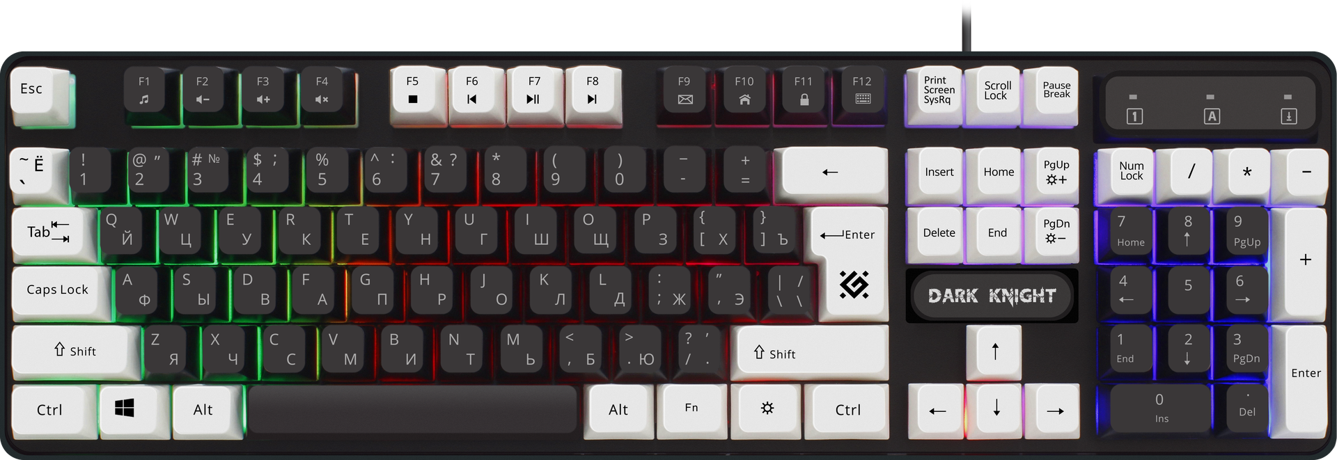 

Клавиатура проводная Defender Knight GK-077, мембранная, подсветка, USB, черный/белый (45077), Knight GK-077