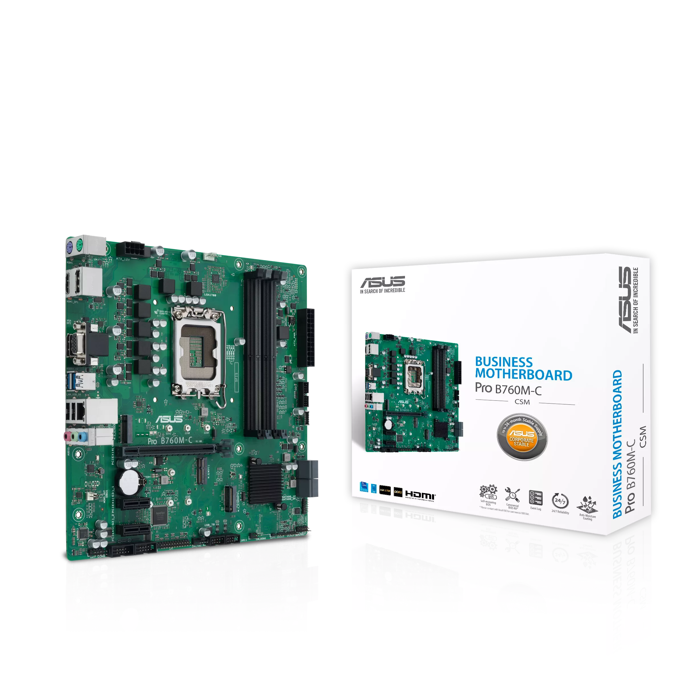 

Материнская плата ASUS PRO B760M-C-CSM, Socket1700, Intel B760, 4xDDR5 DIMM, PCI-Ex16, 4SATA3, 7.1-ch, GLAN, 4 USB 3.2, 1 USB Type-C, VGA, HDMI, mATX, Retail, PRO B760M-C-CSM