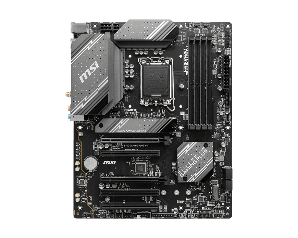 

Материнская плата MSI B760 GAMING PLUS WIFI, Socket1700, Intel B760, 4xDDR5 DIMM, 5PCI-Ex16, 4SATA3, 7.1-ch, 2.5GLAN, 4 USB 3.2, 2 USB Type-C, HDMI, DP, ATX, Retail, B760 GAMING PLUS WIFI