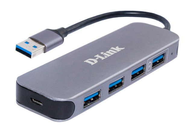 Концентратор D-Link DUB-1340, 4xUSB 3.0, 1 (для питания)xUSB-C, блок питания, серый + 1 порт с поддержкой режима быстрой зарядки (DUB-1340/D1A)
