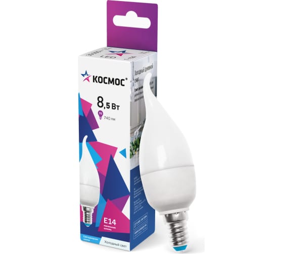 

Лампа светодиодная E14 свеча на ветру/GL45, 8.5 Вт, 6500 K / холодно-белый, 720лм, КОСМОС (LkecLED8.5wCWE1465)