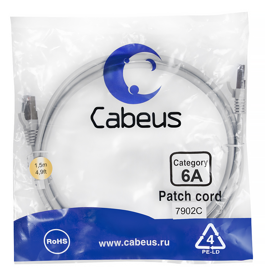 

Патч-корд SSTP кат.6a, 1.5 м, RJ45-RJ45, серый, CU, LSZH, экранированный, Cabeus (PC-SSTP-RJ45-Cat.6a-1.5m-LSZH)