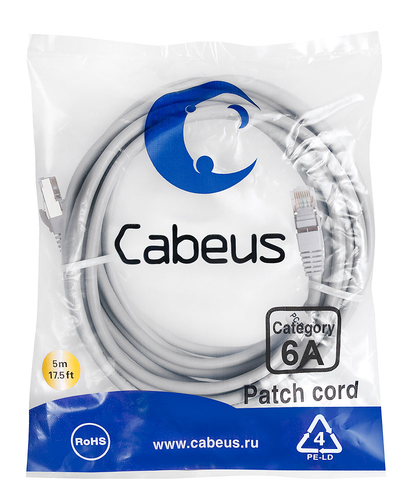 

Патч-корд SSTP кат.6a, 5 м, RJ45-RJ45, серый, CU, LSZH, экранированный, Cabeus (PC-SSTP-RJ45-Cat.6a-5m-LSZH)