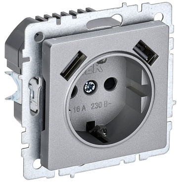 

Розетка IEK BR-R14-16-U21-D21-K47, скрытый монтаж, однопостовая/модулей: 1, с з/к, со шторками, 16А, в сборе, IP20, 2xUSB, серебристый (BR-R14-16-U21-D21-K47), BR-R14-16-U21-D21-K47