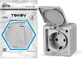 

Розетка TOKOV ELECTRIC Dita, открытая, однопостовая/модулей: 1, с з/к, с крышкой, 16А, в сборе, IP54, серый (TKL-DT-R1Z-C06-IP54)