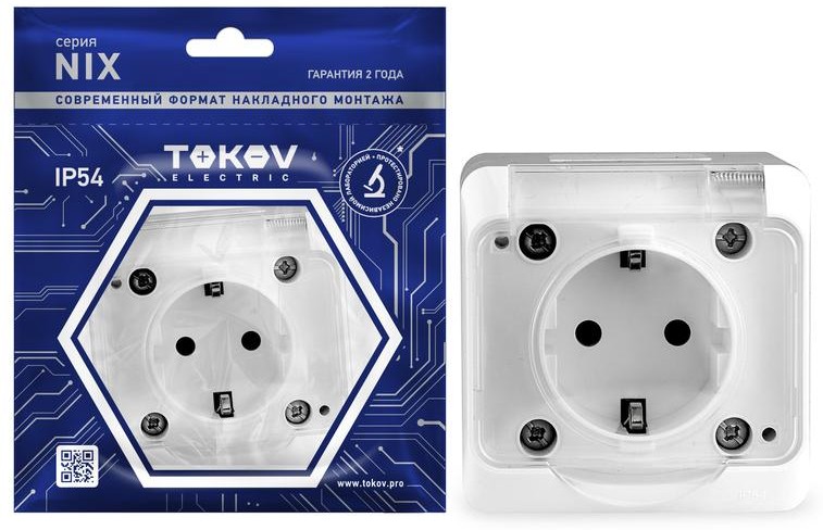 

Розетка TOKOV ELECTRIC Nix, открытая, однопостовая/модулей: 1, с з/к, с крышкой, 16А, в сборе, IP54, белый (TKE-NX-R1Z-C01T-IP54)