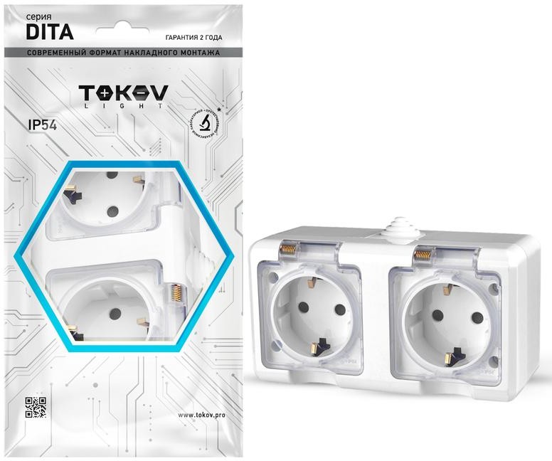 

Розетка TOKOV ELECTRIC Dita, открытая, 2-х постовая/модулей: 2, с з/к, с крышкой, 16А, в сборе, IP54, белый (TKL-DT-R2Z-C01T-IP54)