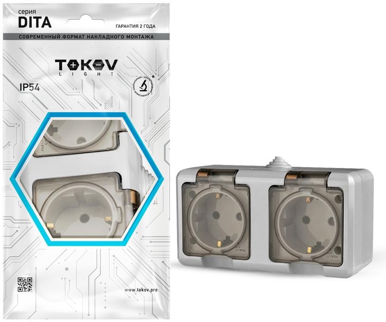 

Розетка TOKOV ELECTRIC Dita, открытая, 2-х постовая/модулей: 2, с з/к, с крышкой, 16А, в сборе, IP54, серый (TKL-DT-R2Z-C06T-IP54)