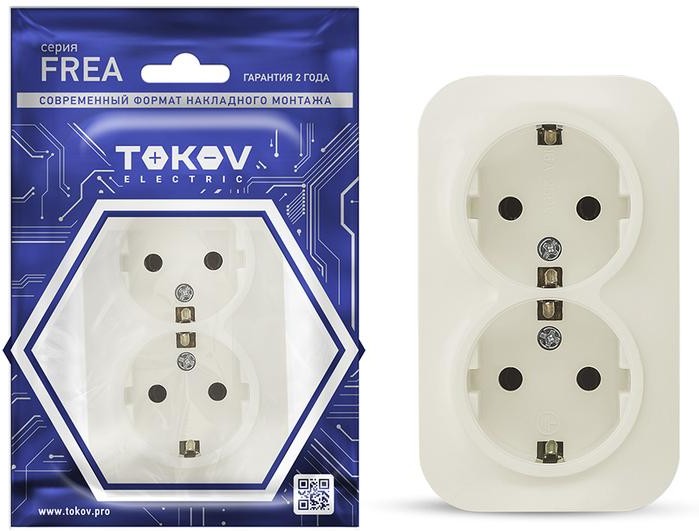 Розетка TOKOV ELECTRIC Frea, открытая, 2-х постовая/модулей: 1, с з/к, 16А, в сборе, IP20, бежевый (TKE-FR-R2Z-C02) - фото 1