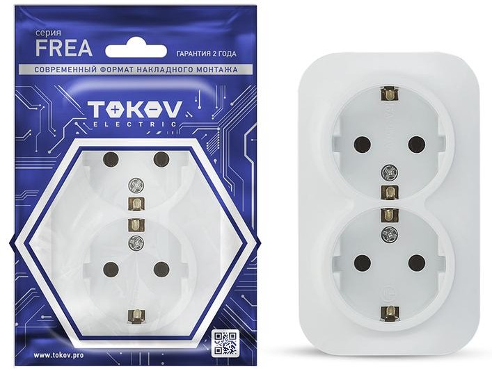 Розетка TOKOV ELECTRIC Frea, открытая, 2-х постовая/модулей: 1, с з/к, 16А, в сборе, IP20, белый (TKE-FR-R2Z-C01) - фото 1