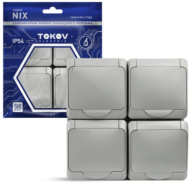 

Розетка TOKOV ELECTRIC Nix, открытая, 4-х постовая, с з/к, с крышкой, 16А, в сборе, IP54, серый (TKE-NX-R4Z-C06-IP54)