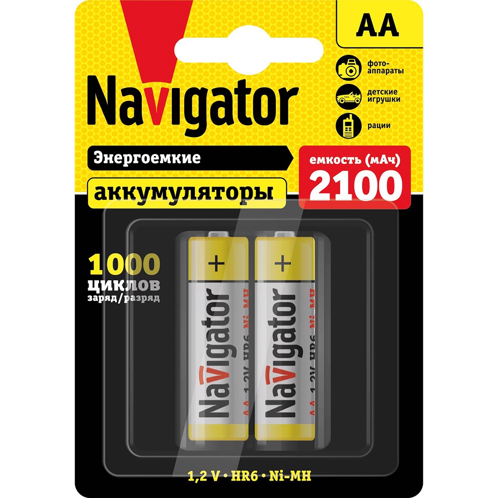 

Аккумулятор NAVIGATOR NHR-2100-HR6-BP2, AA, HR06, 1.2V 2.1 А·ч, 2 шт. (94463), NHR-2100-HR6-BP2