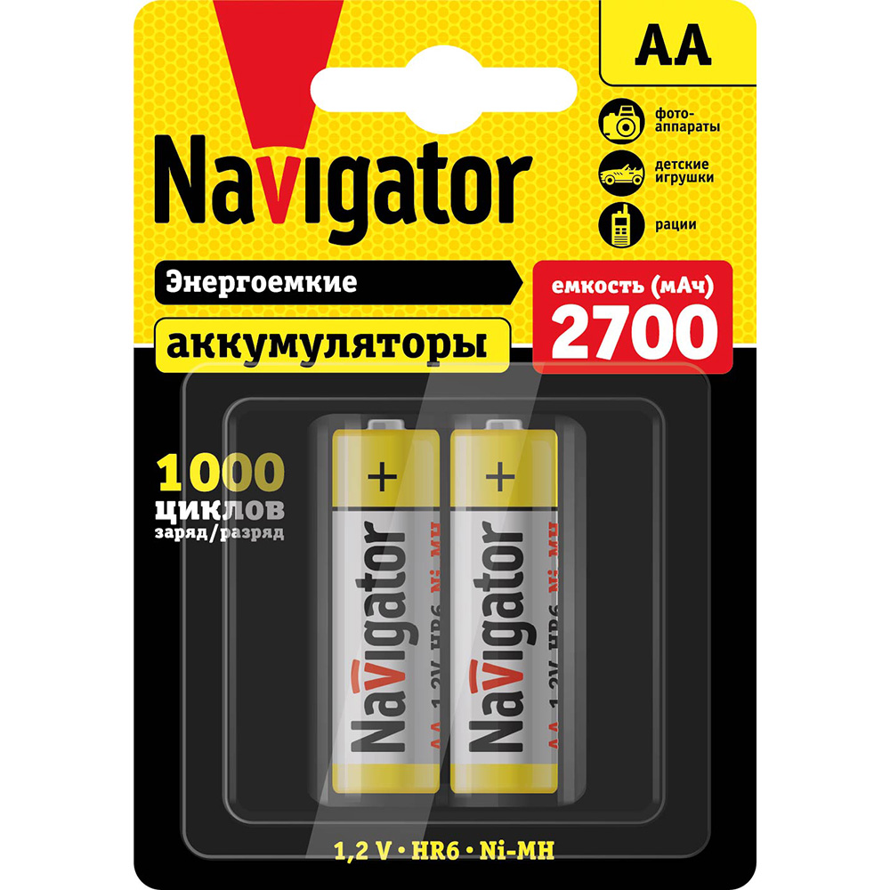 

Аккумулятор NAVIGATOR NHR-2700-HR6-BP2, AA, HR06, 1.2V 2.7 А·ч, 2 шт. (94465), NHR-2700-HR6-BP2