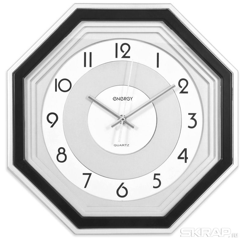 

Настенные часы ENERGY ЕС-12, 1xAA, восьмиугольные, черный/белый (009312), ЕС-12