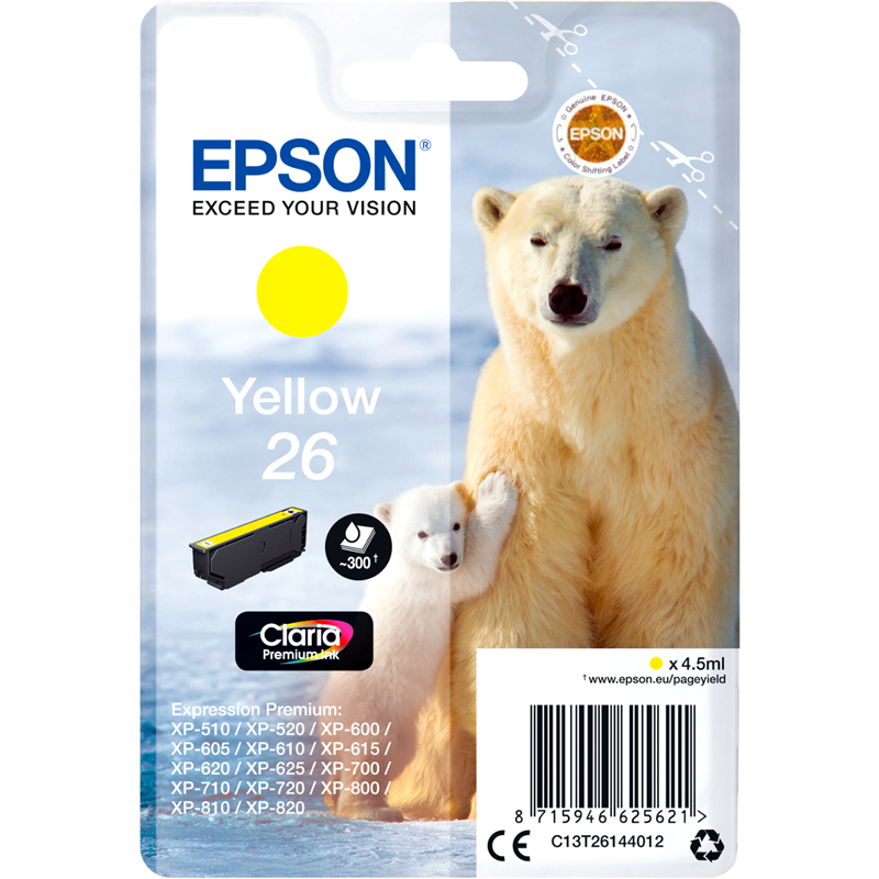 

Картридж струйный Epson T2614 (C13T26144012), желтый, оригинальный, объем 4.5 мл для Epson XP-600/700/800, T2614