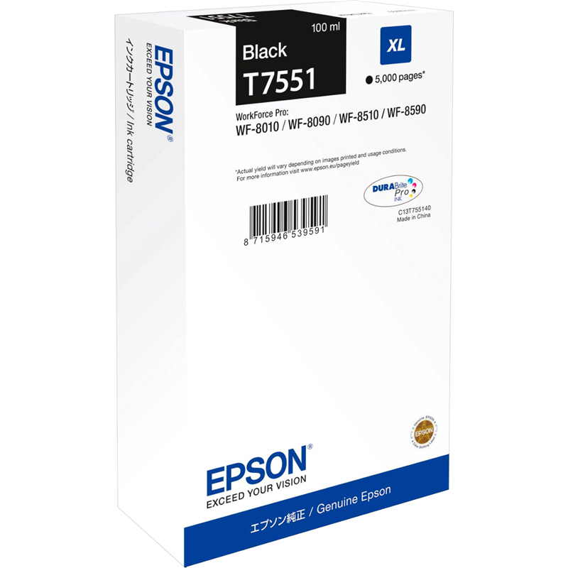 

Картридж струйный Epson T7551 (C13T755140), черный, оригинальный, ресурс 5000 страниц для Epson WorkForce Pro WF-8090DW, T7551