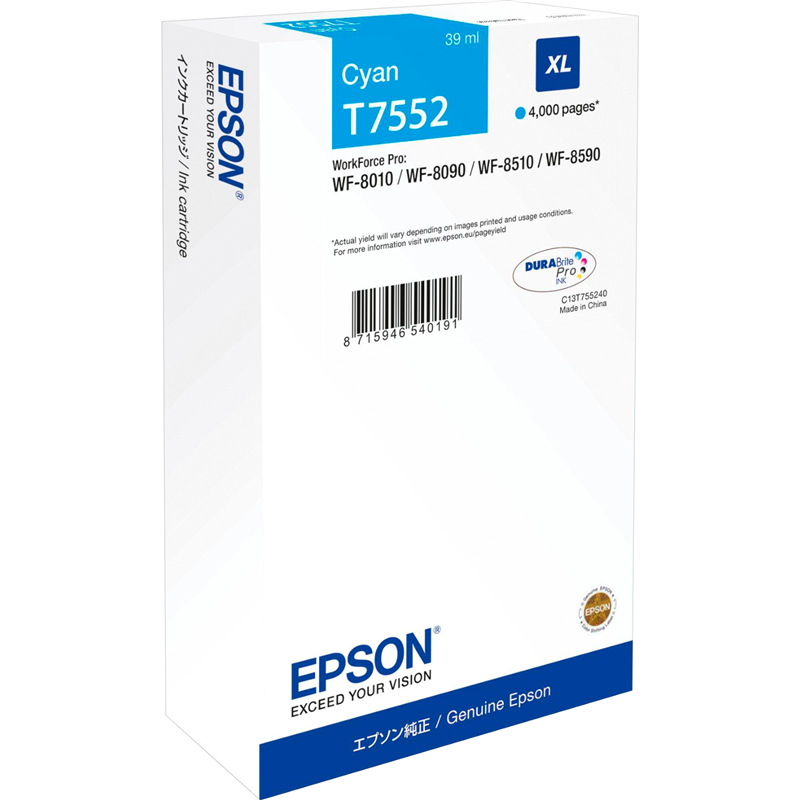 

Картридж струйный Epson T7552 (C13T755240), голубой, оригинальный, ресурс 4000 страниц для Epson WorkForce Pro WF-8090DW, T7552