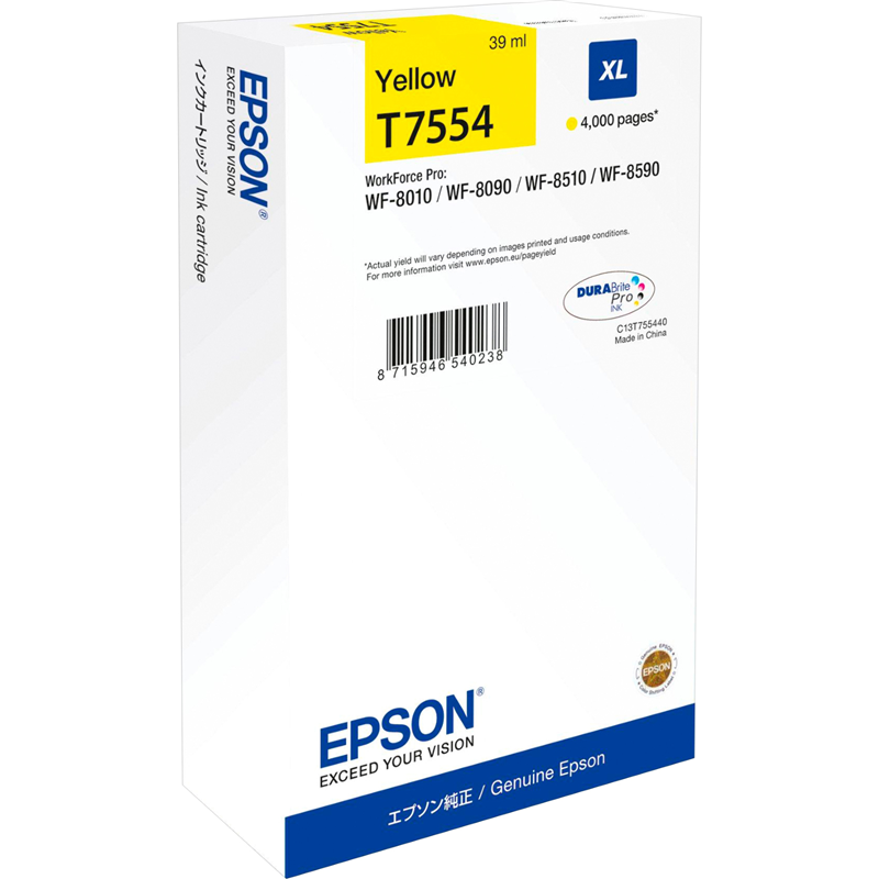 

Картридж струйный Epson T7554 (C13T755440), желтый, оригинальный, ресурс 4000 страниц, для WorkForce Pro WF-8090DW, T7554