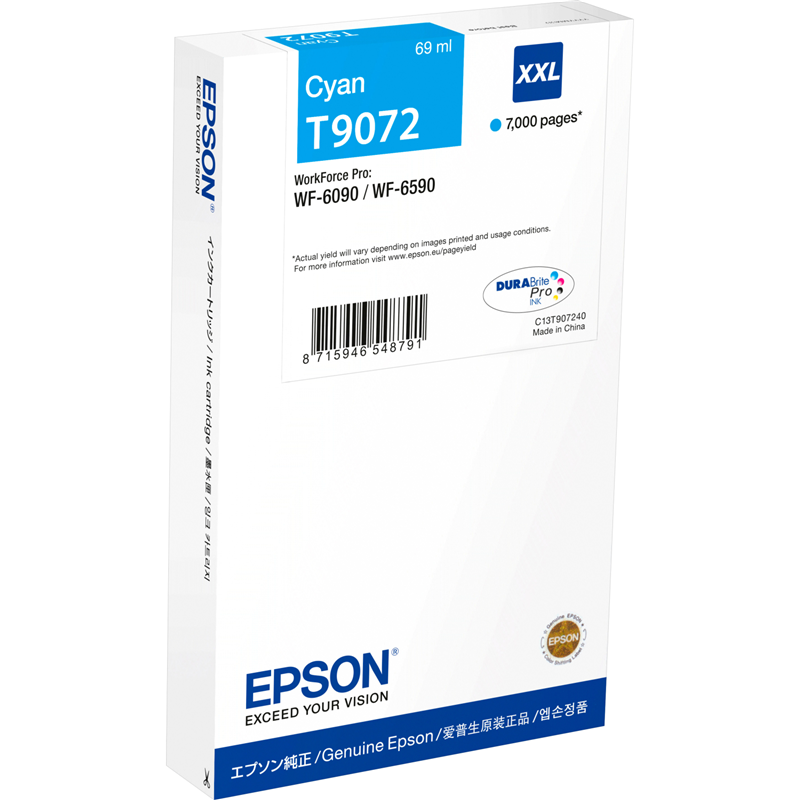 

Картридж струйный Epson T9072 (C13T907240), голубой, оригинальный, ресурс 7000 страниц, для WF-6090DW, WF-6590DWF, T9072