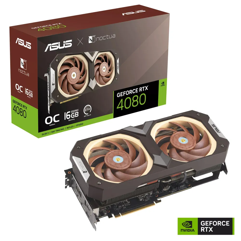 

Видеокарта ASUS NVIDIA GeForce RTX 4080 RTX4080-O16G-NOCTUA , 16Gb DDR6X, 256 бит, PCI-E, HDMI, 3DP, Retail (90YV0IB2-M0NA00), RTX4080-O16G-NOCTUA