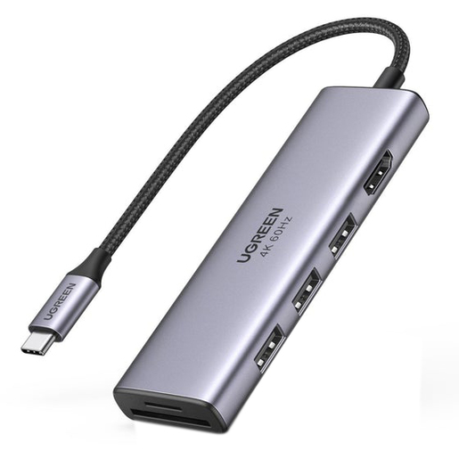 Адаптер UGREEN CM511, 3xUSB 3.0 A+HDMI+SD/TF+PD, серый (60383)