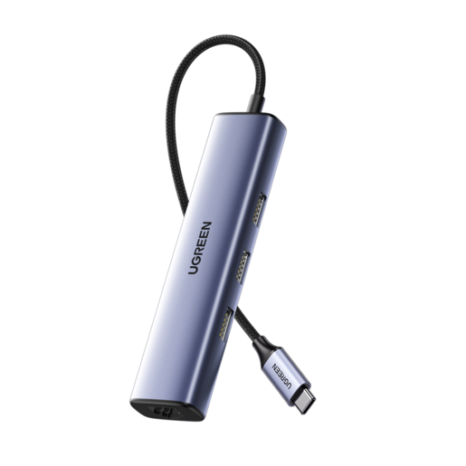 Адаптер UGREEN CM475, USB-C to 3×USB3.0 Hub+RJ45, серый (60600)