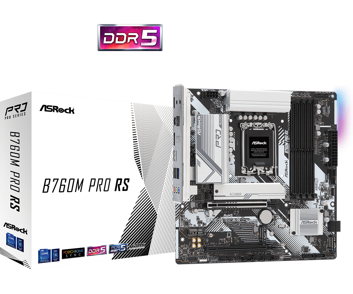 

Материнская плата ASRock B760M PRO RS, Socket1700, Intel B760, 4xDDR5 DIMM, 2PCI-Ex16, 4SATA3, 7.1-ch, 2.5GLAN, 5 USB 3.2, 1 USB Type-C, HDMI, DP, mATX, Retail, B760M PRO RS