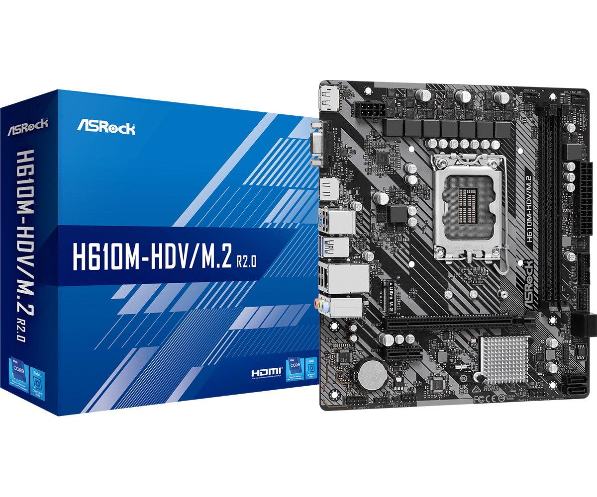 

Материнская плата ASRock H610M-HDV/M.2 R2.0, Socket1700, Intel H610, 2xDDR4, PCI-Ex16, 4SATA3, 7.1-ch, GLAN, 4 USB 3.2, VGA, HDMI, DP, mATX, Retail, H610M-HDV/M.2 R2.0