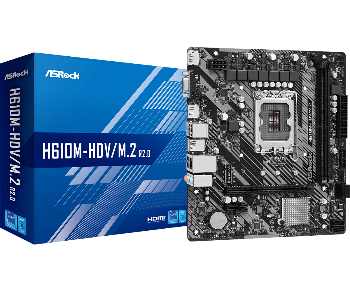 Материнская плата ASRock H610M-HDV/M.2 R2.0, Socket1700, Intel H610, 2xDDR4, PCI-Ex16, 4SATA3, 7.1-ch, GLAN, 4 USB 3.2, VGA, HDMI, DP, mATX, Retail