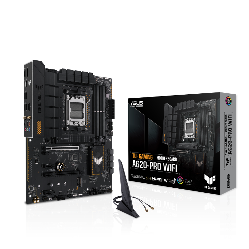 

Материнская плата ASUS TUF GAMING A620-PRO WIFI, AM5, AMD A620, 4xDDR5 DIMM, 2PCI-Ex16, 4SATA3, 7.1-ch, 2.5GLAN, 4 USB 3.2, 2 USB Type-C, HDMI, DP, ATX, Retail, TUF GAMING A620-PRO WIFI