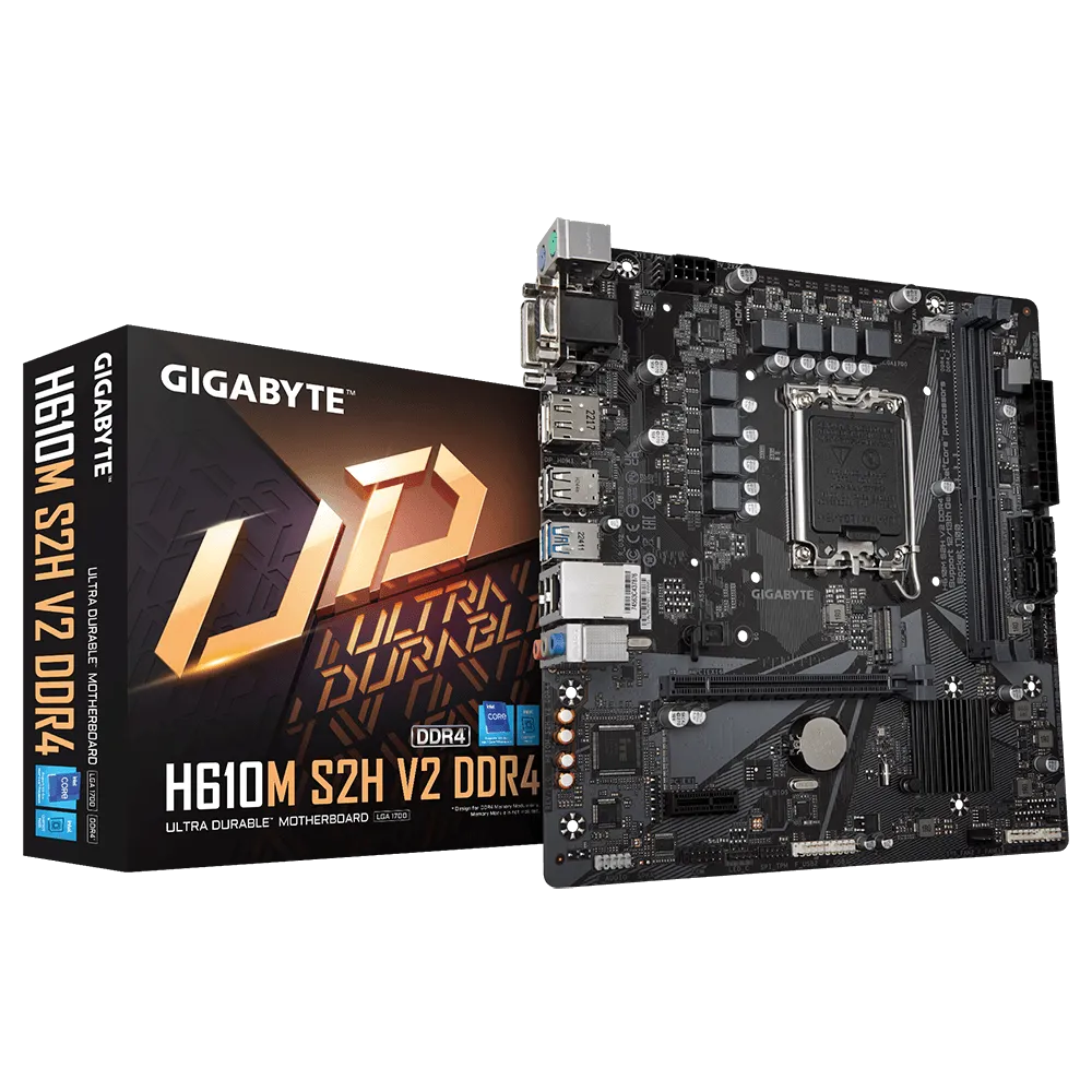 

Материнская плата GIGABYTE H610M S2H V2 DDR4, Socket1700, Intel H610, 2xDDR4, PCI-Ex16, 4SATA3, 7.1-ch, GLAN, 4 USB 3.2, VGA, DVI, HDMI, DP, mATX, Retail, H610M S2H V2 DDR4