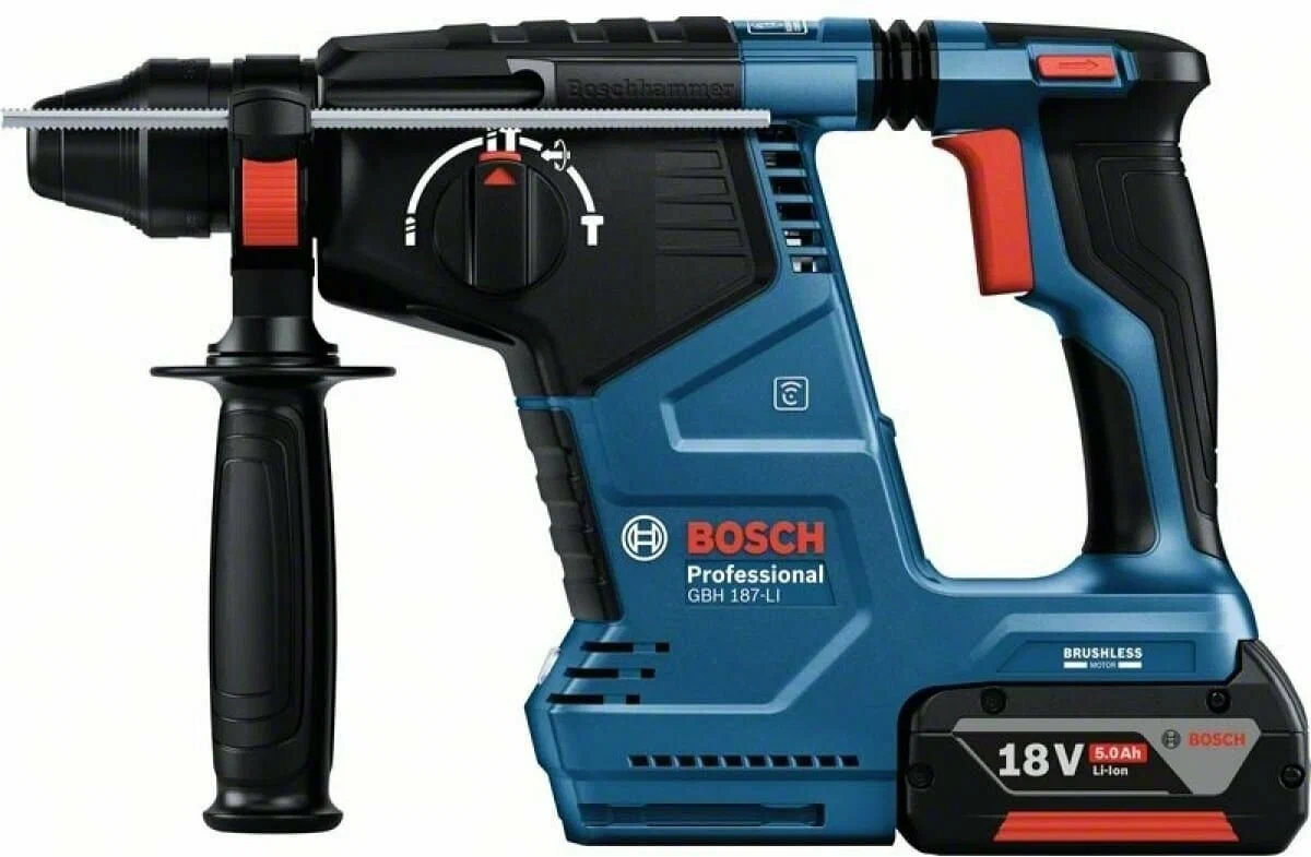 Перфоратор BOSCH GBH 187-LI, аккумуляторный, SDS-Plus, 2.4 Дж, 980 об/мин, 4350 уд/мин, 18V, 5 А·ч, Li-Ion, один акб, пластиковый кейс, 2.9 кг (0611923022)