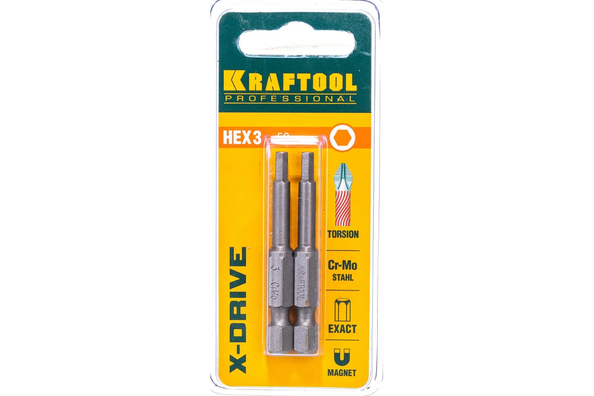 Бита односторонняя Kraftool X-Drive HEX3, 50 мм, 1/4 (тип Е), магнитная, ударная, 2 шт. (26127-3-50-2)