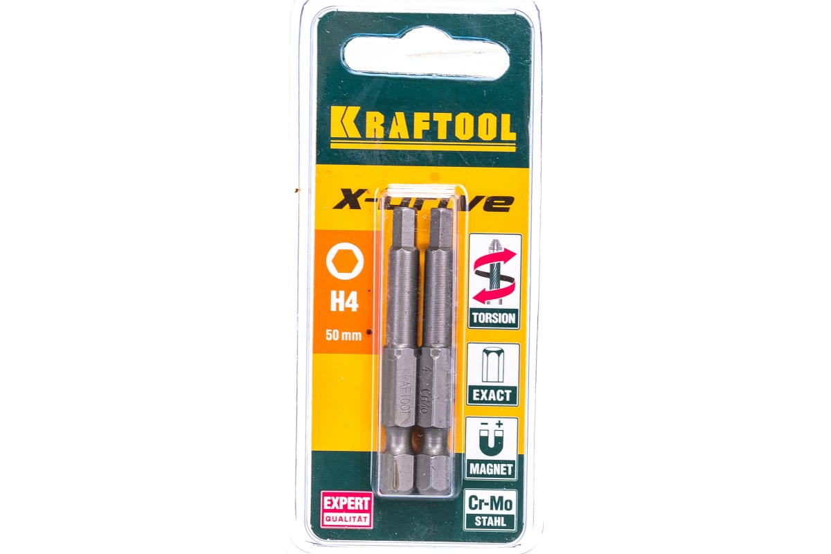 Бита односторонняя Kraftool X-Drive HEX4, 50 мм, 1/4 (тип Е), магнитная, ударная, 2 шт. (26127-4-50-2)