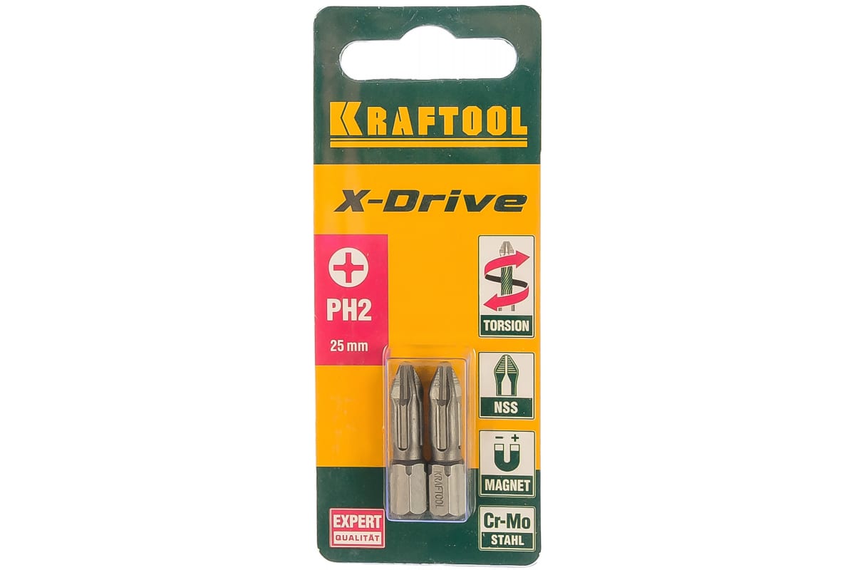 Бита односторонняя Kraftool X-Drive PH2, 25 мм, 1/4 (тип Е), магнитная, ударная, 2 шт. (26121-2-25-2)
