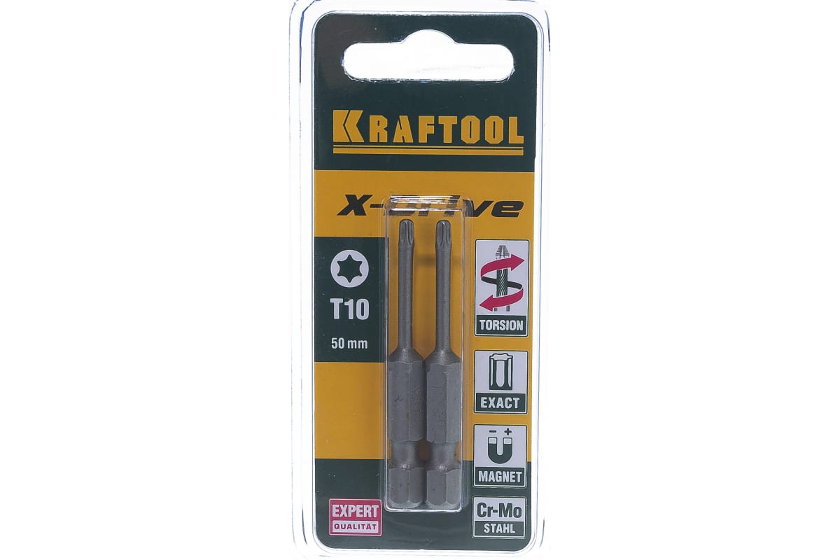 

Бита односторонняя Kraftool X-Drive Т(ТХ)10, 50 мм, 1/4 (тип Е), магнитная, ударная, 2 шт. (26125-10-50-2)