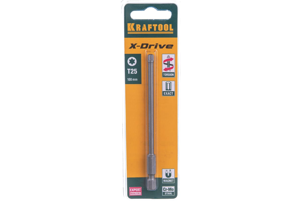 

Бита односторонняя Kraftool X-Drive Т(ТХ)25, 100 мм, 1/4 (тип Е), магнитная, ударная, 1 шт. (26125-25-100-1)