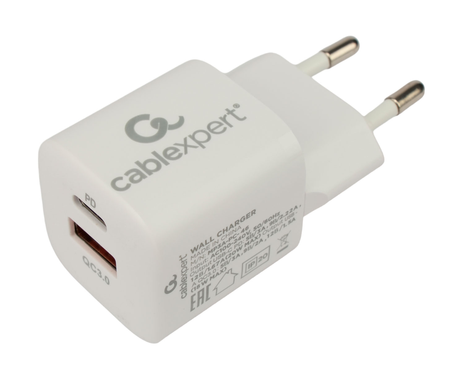 

Сетевое зарядное устройство Cablexpert MP3A-PC-46 20 Вт, USB, USB type-C, Quick Charge, PD, 3А, белый (MP3A-PC-46), MP3A-PC-46