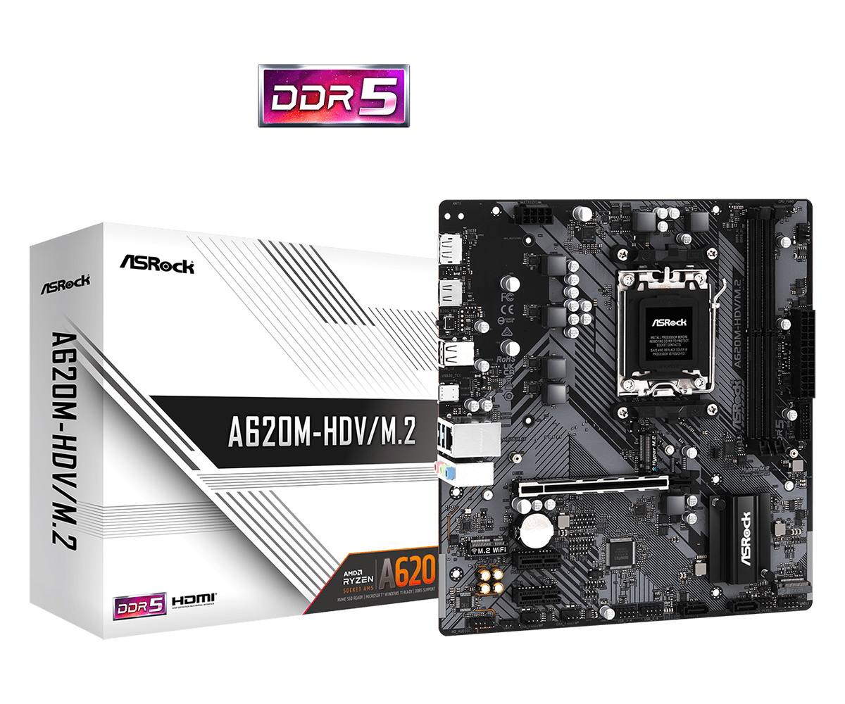 

Материнская плата ASRock A620M-HDV/M.2, AM5, AMD A620, 2xDDR5 DIMM, PCI-Ex16, 2SATA3, 7.1-ch, GLAN, 4 USB 3.2, 1 USB Type-C, HDMI, DP, mATX, Retail, A620M-HDV/M.2