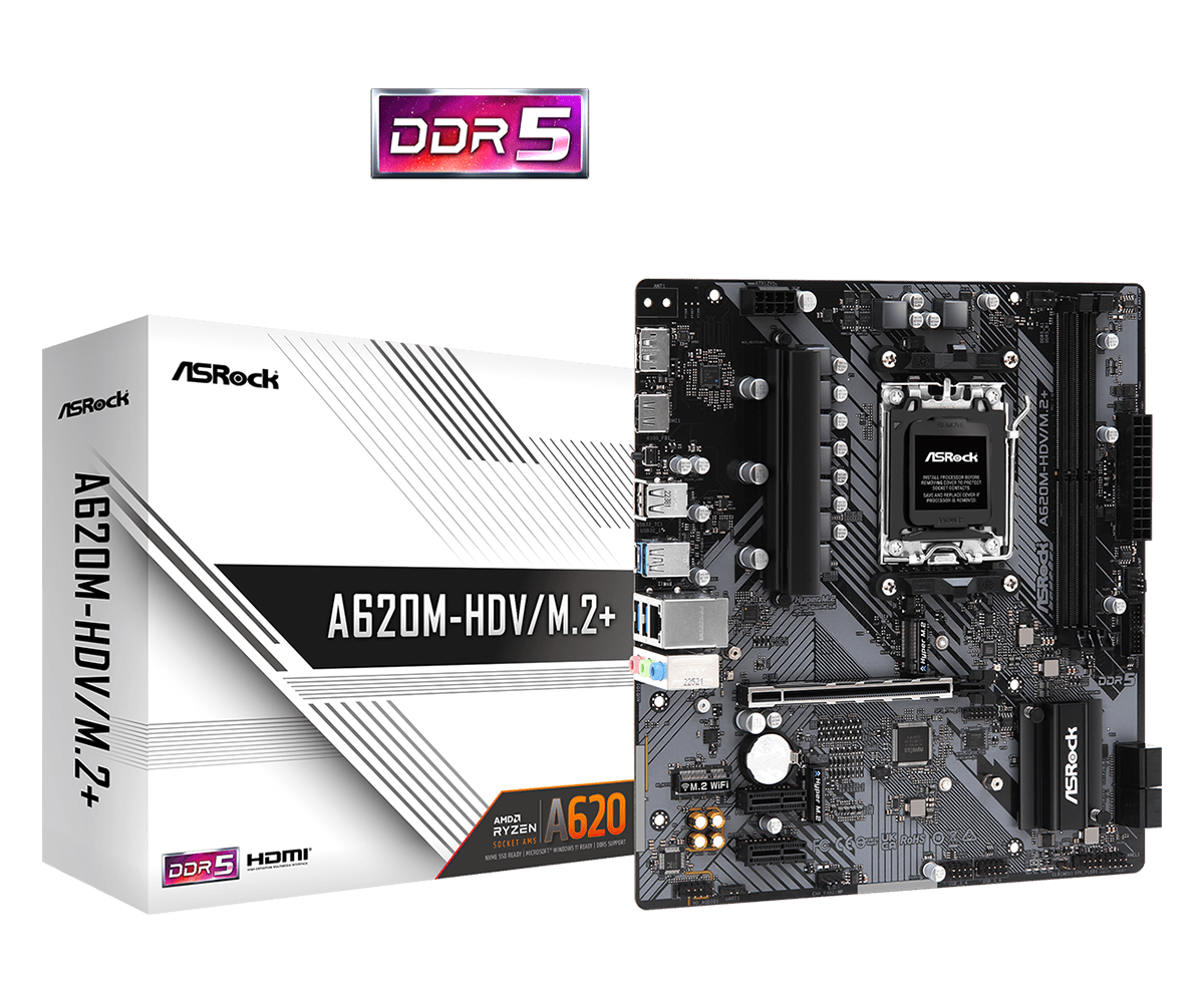 

Материнская плата ASRock A620M-HDV/M.2+, AM5, AMD A620, 2xDDR5 DIMM, PCI-Ex16, 4SATA3, 7.1-ch, GLAN, 5 USB 3.2, 1 USB Type-C, HDMI, DP, mATX, Retail, A620M-HDV/M.2+