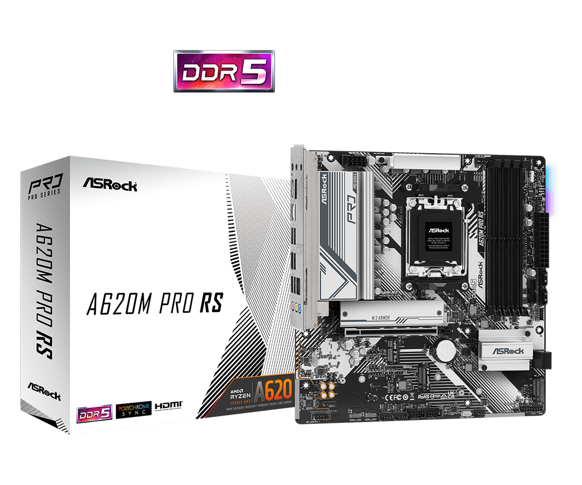 

Материнская плата ASRock A620M PRO RS, AM5, AMD A620, 4xDDR5 DIMM, PCI-Ex16, 4SATA3, 7.1-ch, GLAN, 5 USB 3.2, 2 USB Type-C, HDMI, DP, mATX, Retail, A620M PRO RS