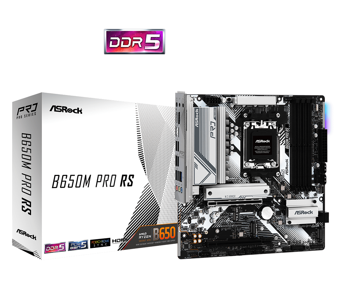 

Материнская плата ASRock B650M PRO RS, AM5, AMD B650, 4xDDR5 DIMM, 2PCI-Ex16, 4SATA3, 7.1-ch, 2.5GLAN, 7 USB 3.2, 2 USB Type-C, HDMI, DP, mATX, Retail, B650M PRO RS